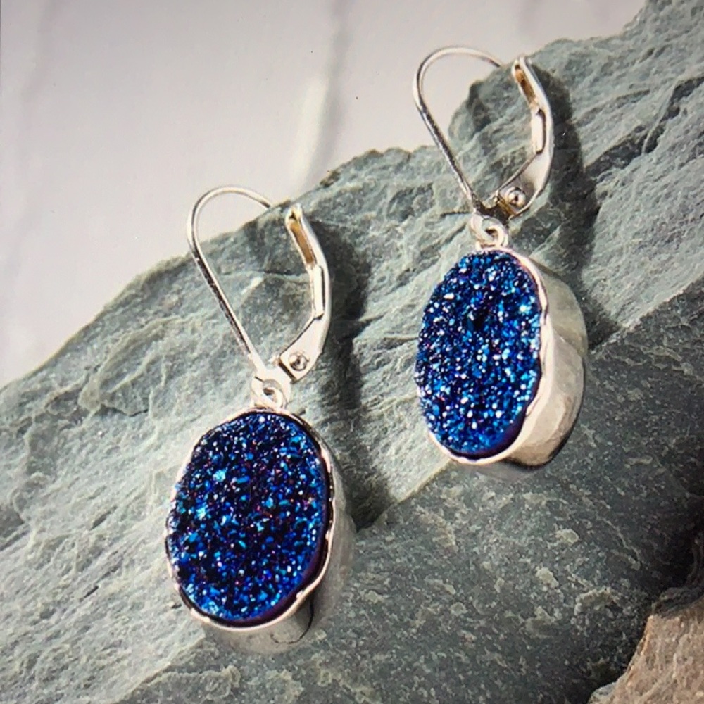 Blue Agate & Sterling Silver Druzy Drop Earrings